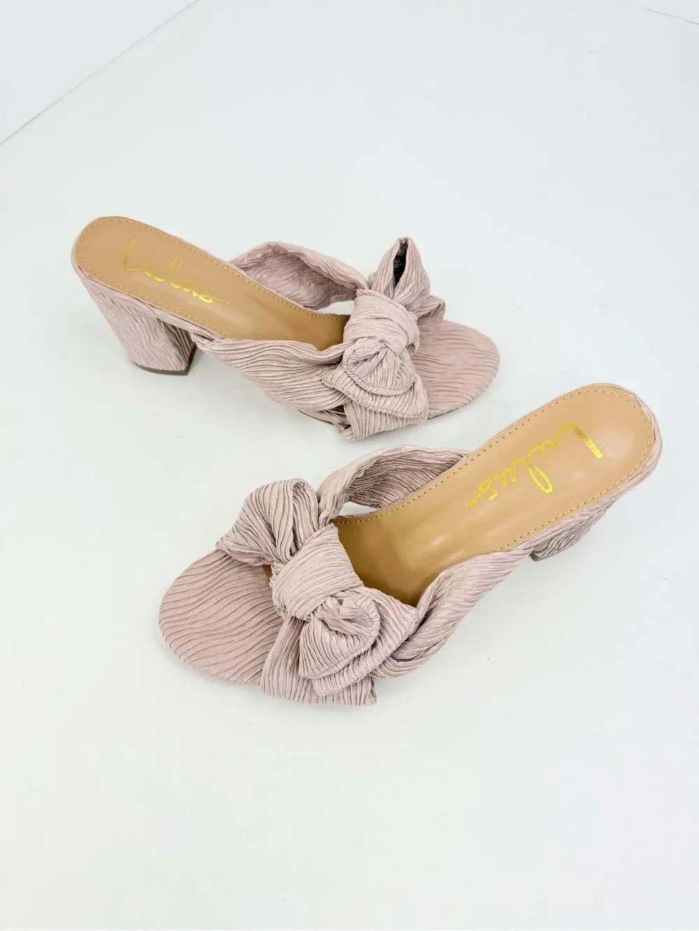Lulus DORTHEA Blush Pink Crinkle Textile Bow Tie Open Toe Slide Heel Sandals